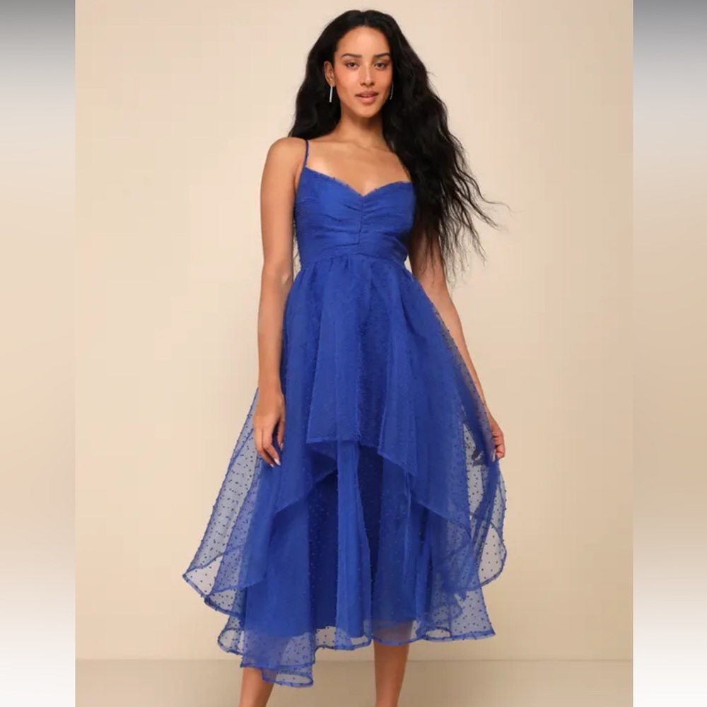 NWT Lulu’s Favorite Event Cobalt Blue Swiss Dot Pleated Tiered Midi Dress